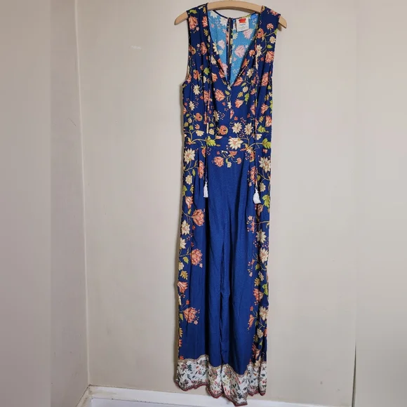 Farm Rio Anthropologie Blue Floral Wide Leg Jumpsuit Medium - Picture 3 of 12